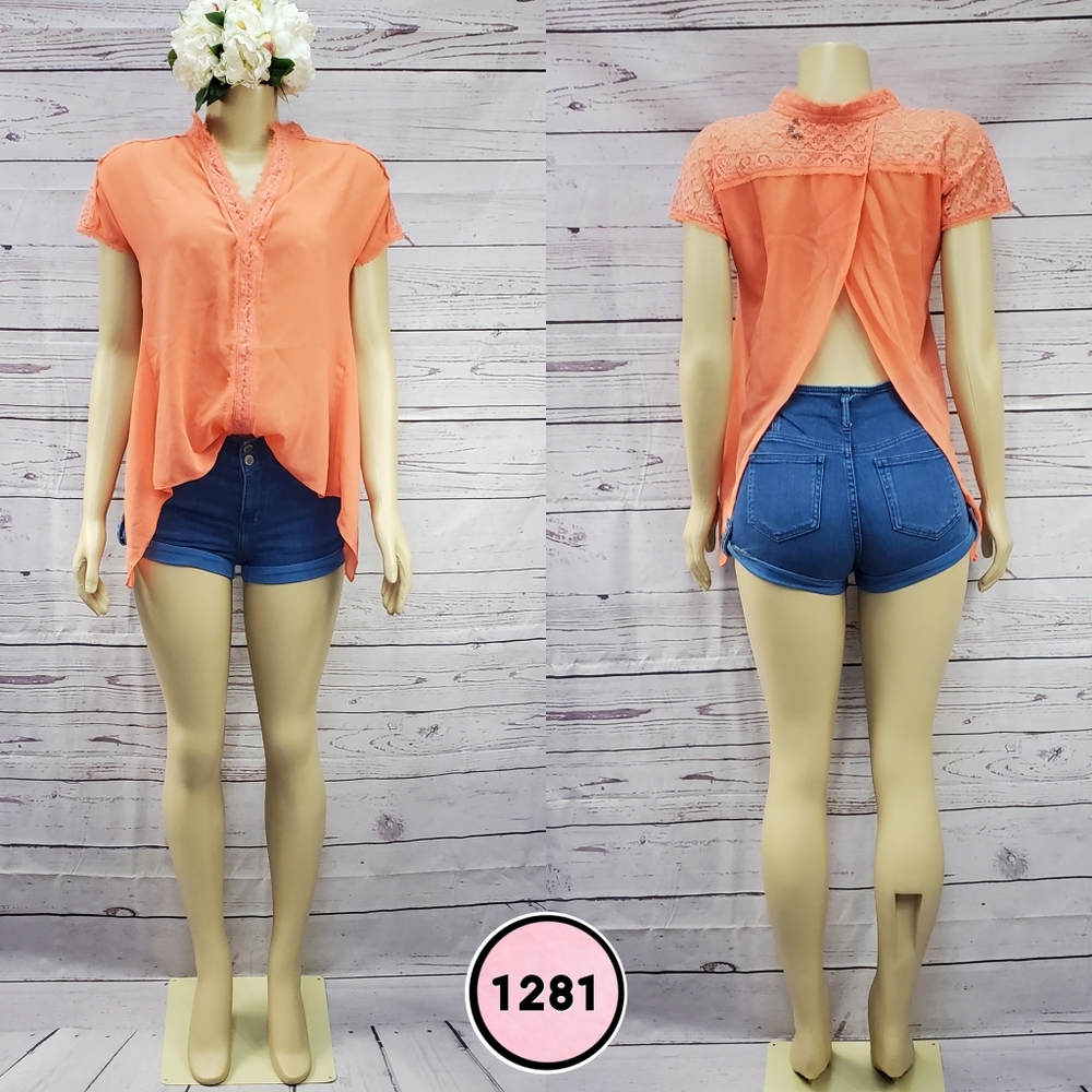 BKEred small orange open back sheer blouse